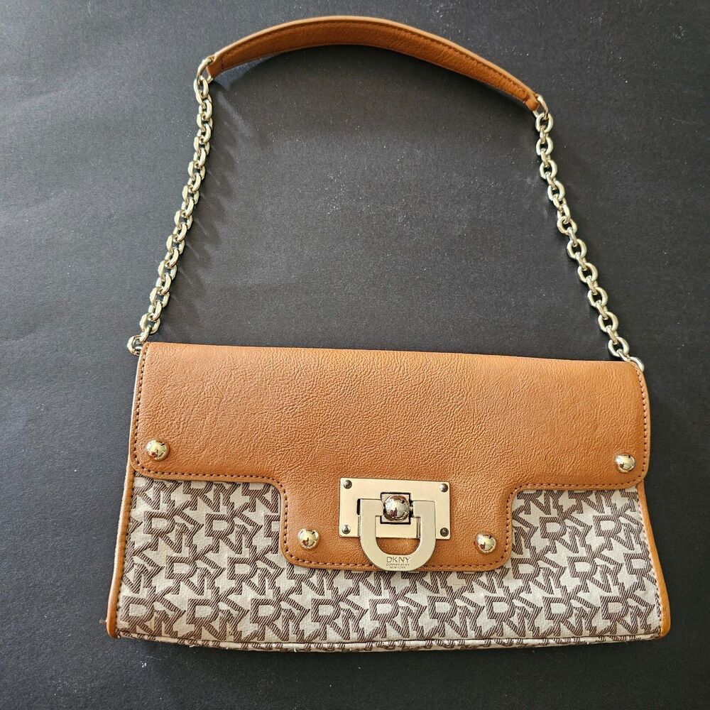 DKNY Tan Brown Signature Leather Canvas Clutch Shoulder Bag Convertible 11x5.5x2